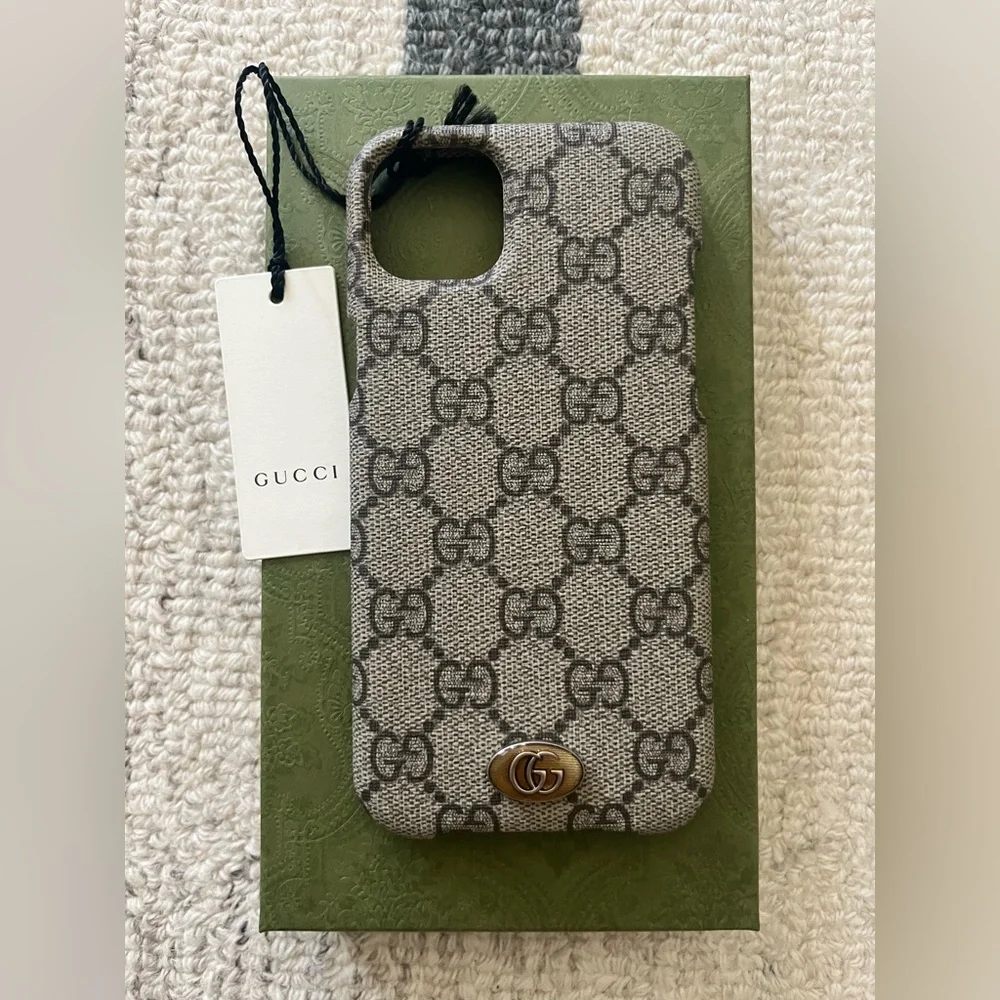 iPhone 15 Plus AuthenticGucci Beige Brown GG Monogram iPhone Case with Gold Logo